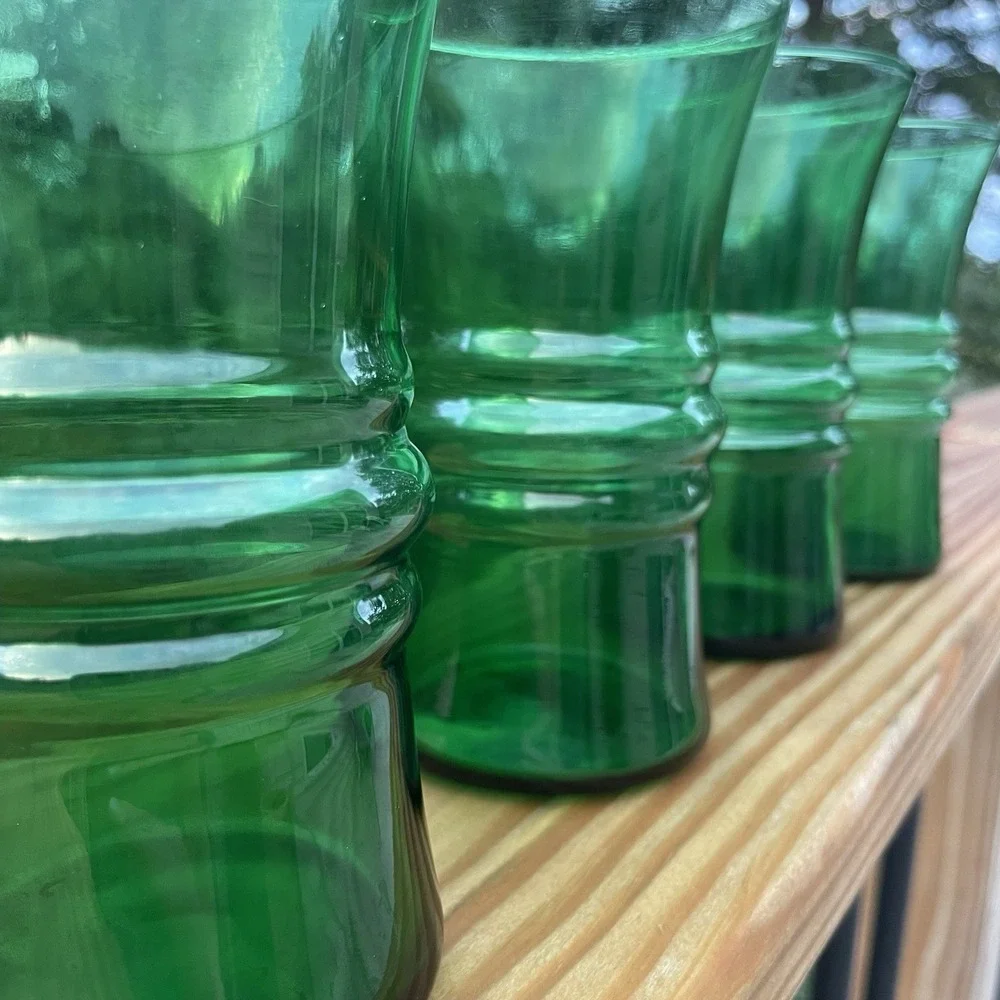 Anchor Hocking Glass Forest Green 8oz Ringed Ribbed Tumbler Vintage MCM Set Of 4